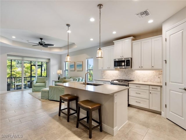 kitchen with sink, a center island with sink, white cabinets, and a tray ceiling