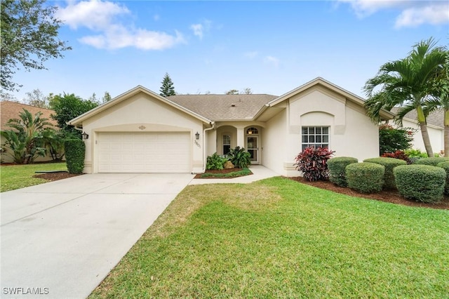 3801 Springside Dr, Estero, FL 33928 - ranch-style house with a front yard, stucco siding, a garage, and concrete driveway