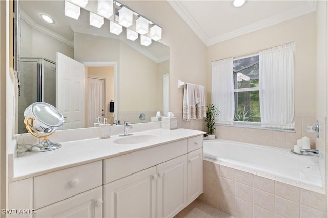 bathroom featuring ornamental molding, vanity, independent shower and bath, and lofted ceiling