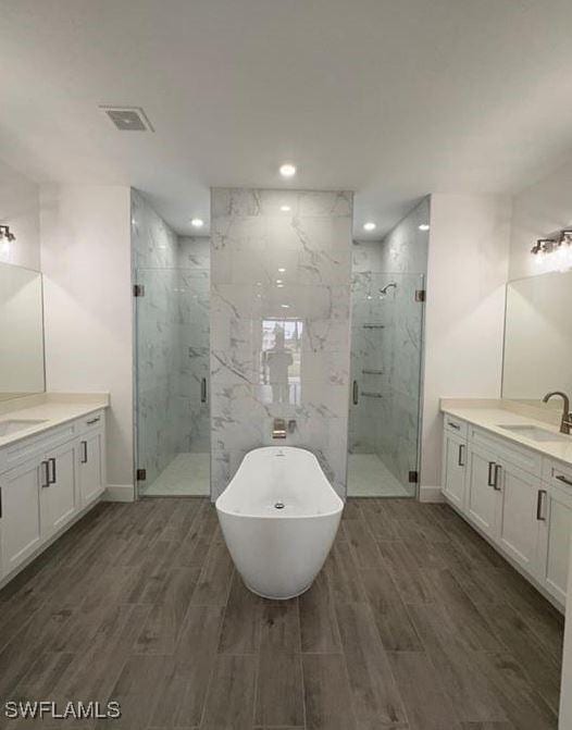 bathroom featuring vanity and separate shower and tub