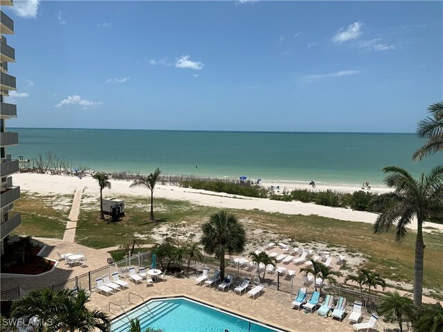 property view of water featuring a beach view