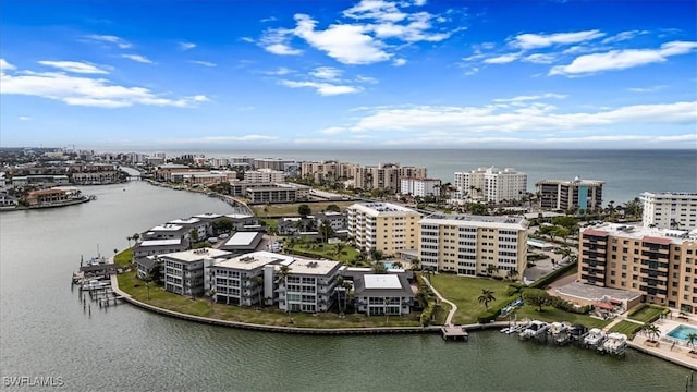 bird's eye view with a water view