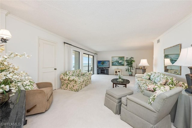 living room with carpet floors, a textured ceiling, and ornamental molding