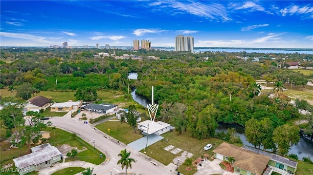 bird's eye view with a water view