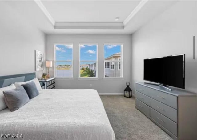 carpeted bedroom featuring a tray ceiling and crown molding