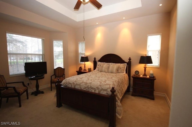 carpeted bedroom with a raised ceiling