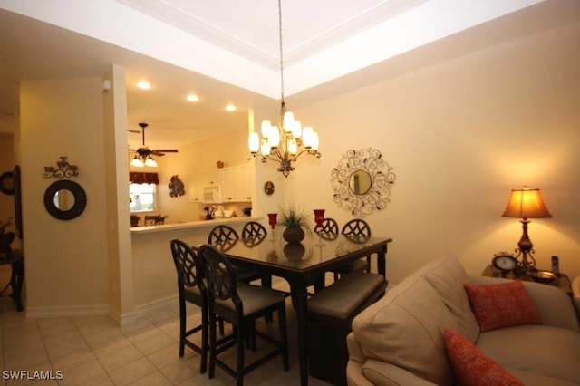 dining room with light tile patterned floors, crown molding, and ceiling fan