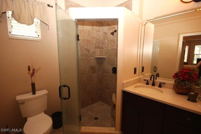 bathroom with vanity, toilet, and a shower with door