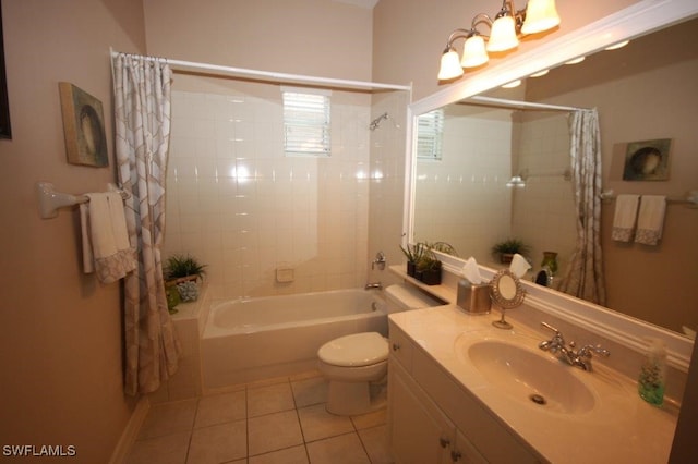 full bathroom with vanity, shower / bathtub combination with curtain, tile patterned floors, and toilet