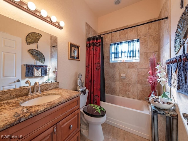 full bathroom with vanity, shower / bath combination with curtain, and toilet