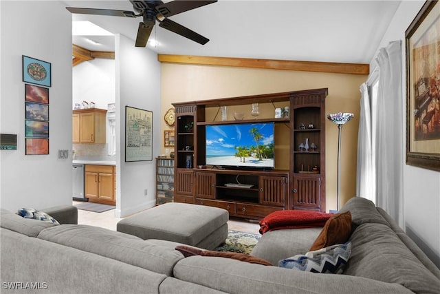 living room with vaulted ceiling with beams and ceiling fan