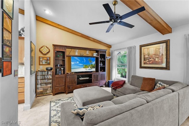 living room with vaulted ceiling with beams and ceiling fan