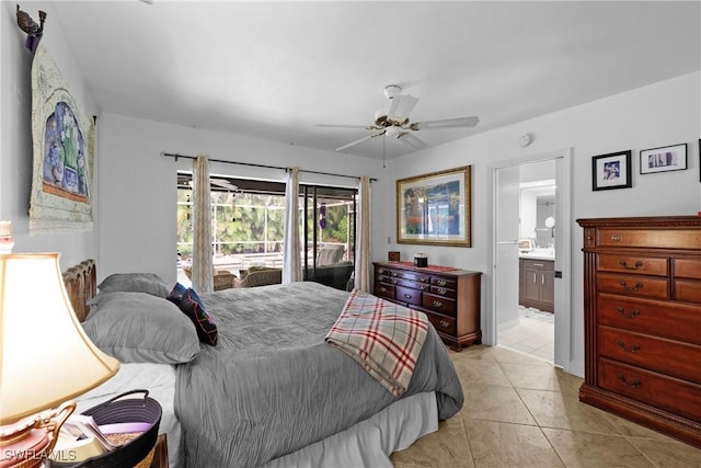 tiled bedroom featuring ceiling fan, access to exterior, and ensuite bath