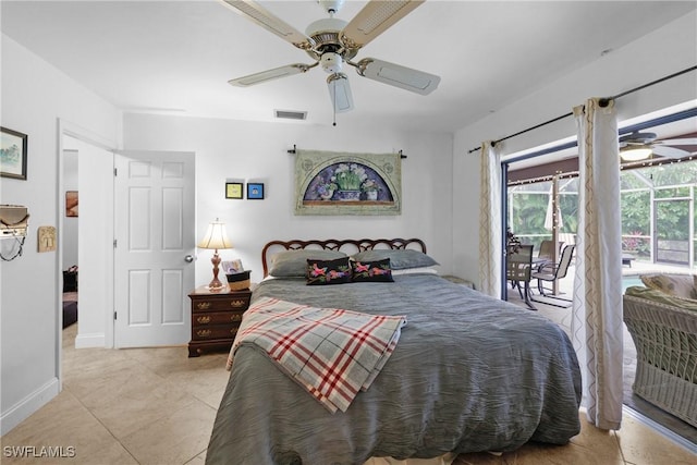 bedroom with ceiling fan, light tile patterned floors, and access to outside