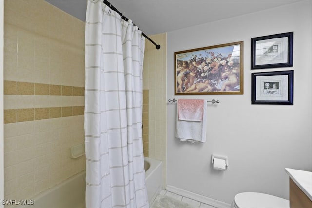 full bathroom featuring vanity, toilet, tile patterned floors, and shower / tub combo with curtain