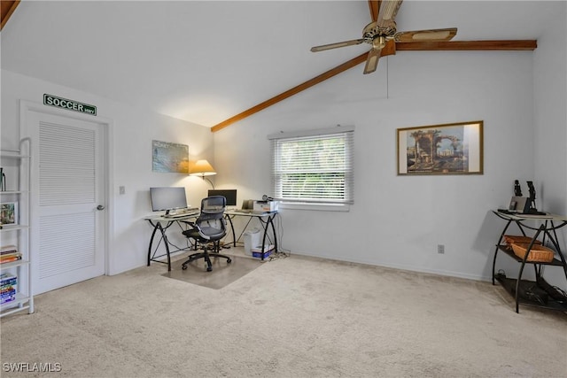 carpeted office space featuring lofted ceiling with beams and ceiling fan