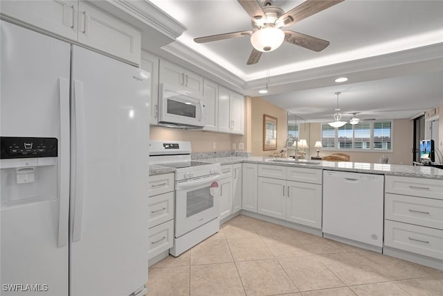 kitchen featuring white cabinetry, sink, white appliances, and kitchen peninsula