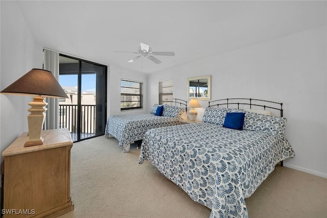 bedroom featuring ceiling fan, carpet, and access to exterior