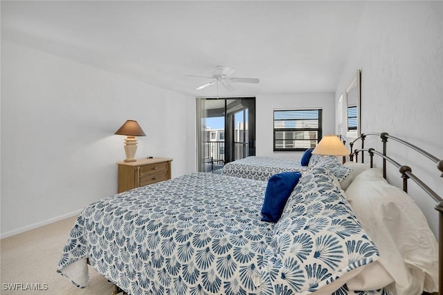 bedroom featuring ceiling fan, access to outside, and carpet flooring