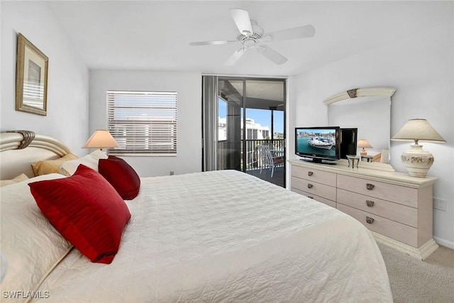 bedroom featuring carpet flooring, ceiling fan, access to exterior, and multiple windows