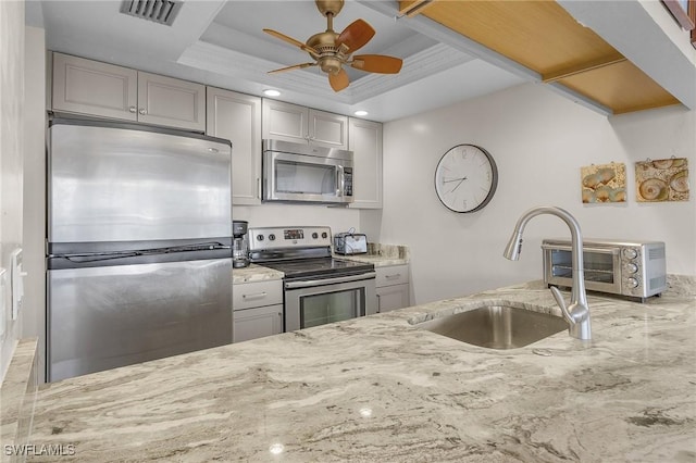 kitchen with stainless steel appliances, a tray ceiling, gray cabinetry, ceiling fan, and sink