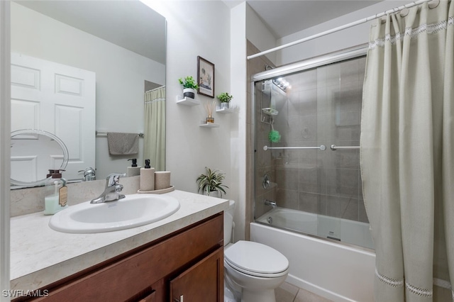 full bathroom featuring toilet, vanity, and shower / tub combo with curtain