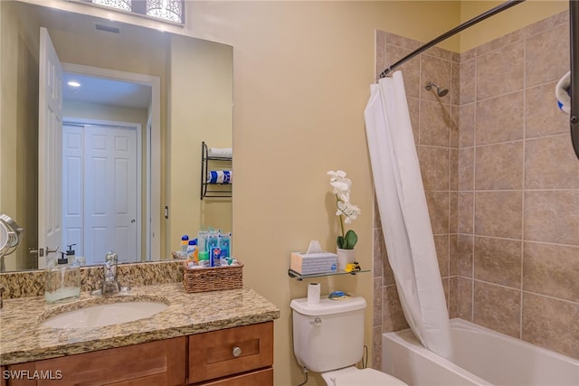 full bathroom with toilet, shower / bathtub combination with curtain, and vanity