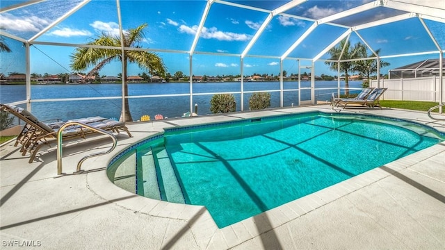 view of pool featuring a water view and glass enclosure