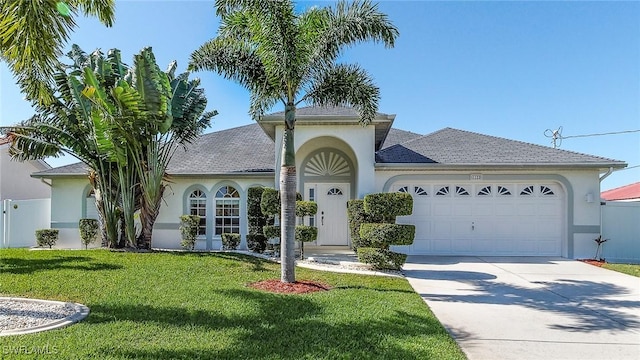 view of front facade with a front yard and a garage