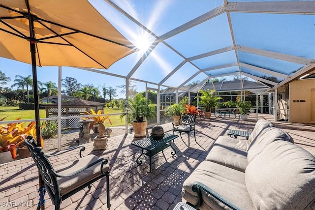 view of patio / terrace featuring a lanai and outdoor lounge area