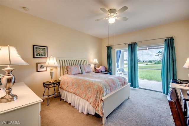 bedroom featuring ceiling fan, access to exterior, and light carpet