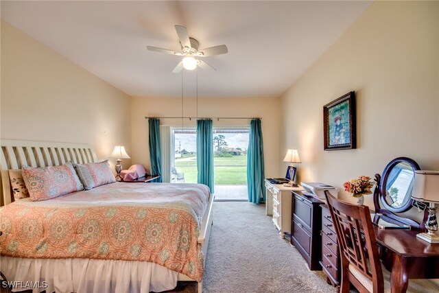 carpeted bedroom with ceiling fan and access to exterior