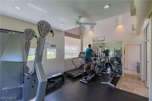 workout area with ceiling fan and a wealth of natural light