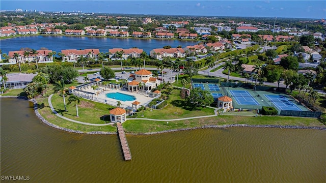 drone / aerial view with a water view