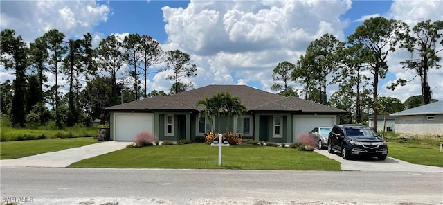 ranch-style home with a garage and a front lawn