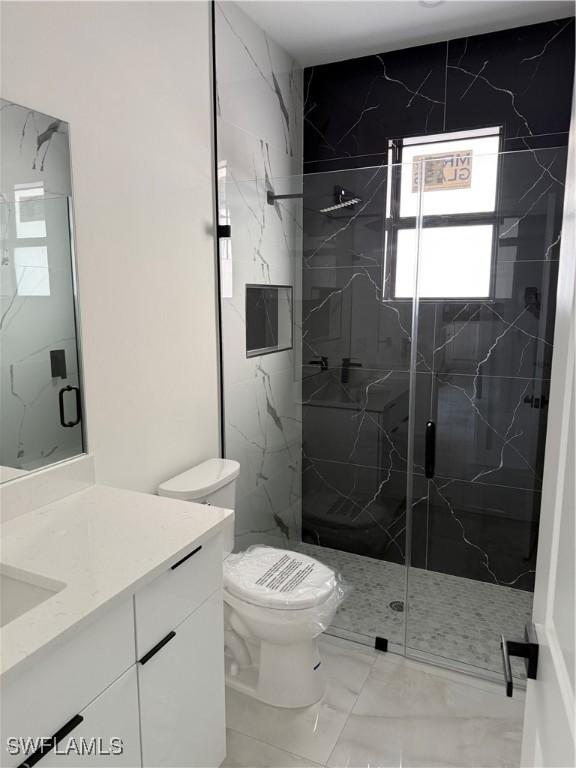 bathroom with toilet, walk in shower, and vanity