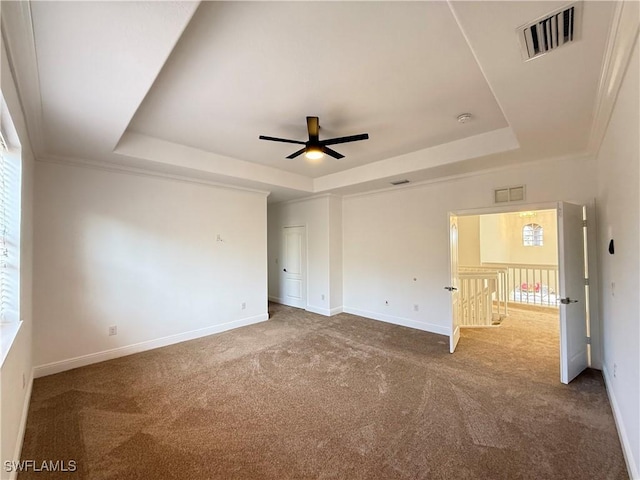 spare room featuring a raised ceiling, ceiling fan, crown molding, and carpet