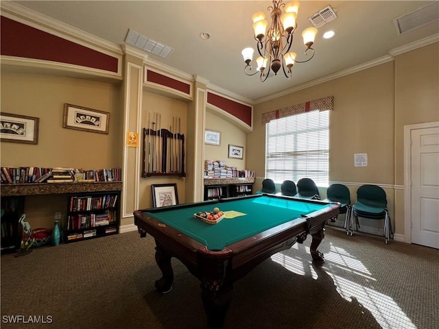 game room featuring billiards, crown molding, a chandelier, and carpet