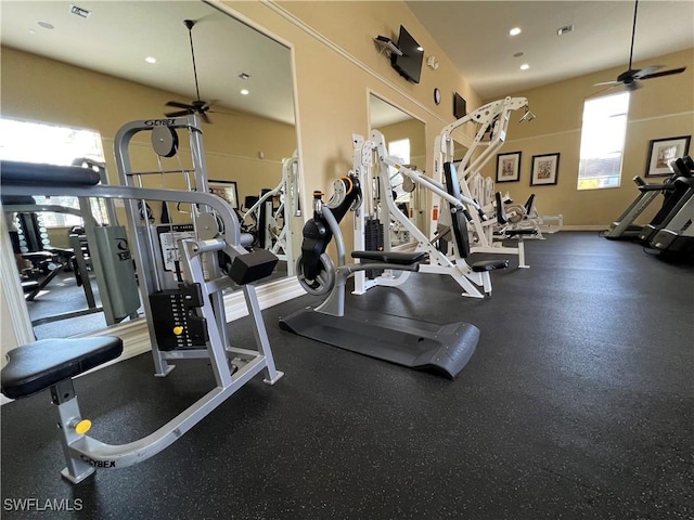 gym with ceiling fan