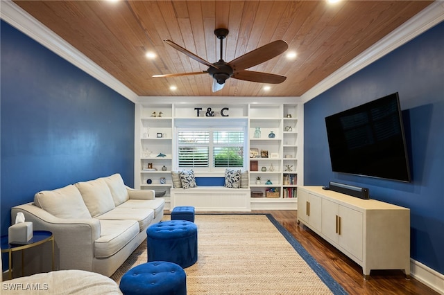 living room with wooden ceiling, ceiling fan, built in features, dark hardwood / wood-style floors, and crown molding