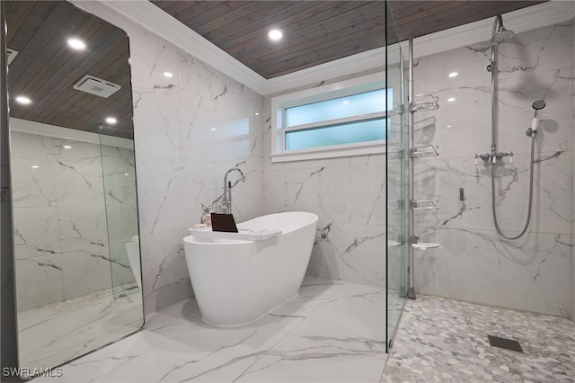 bathroom with tile walls, ornamental molding, separate shower and tub, and wood ceiling