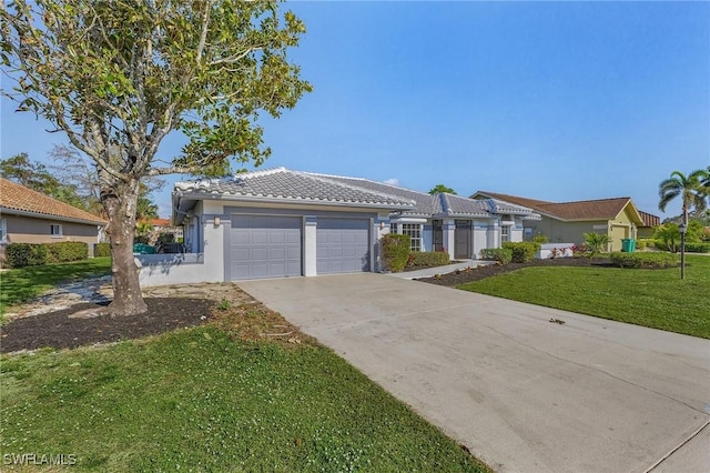 single story home with a front lawn and a garage