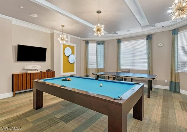 recreation room featuring carpet, pool table, ornamental molding, and an inviting chandelier