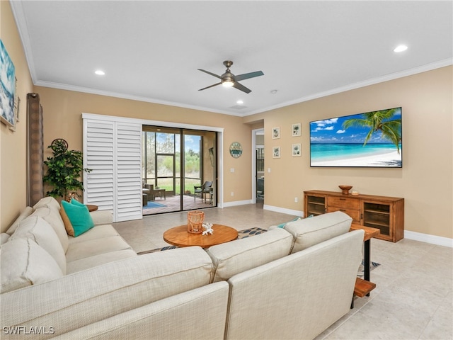 living room with ceiling fan, ornamental molding, and light tile patterned flooring