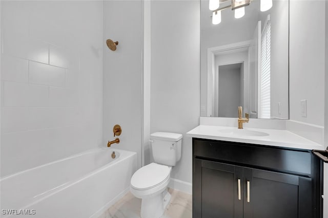 full bath featuring baseboards, toilet, vanity, and shower / tub combination