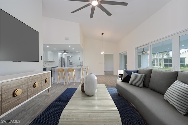 living room featuring high vaulted ceiling