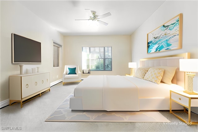 bedroom with ceiling fan and carpet