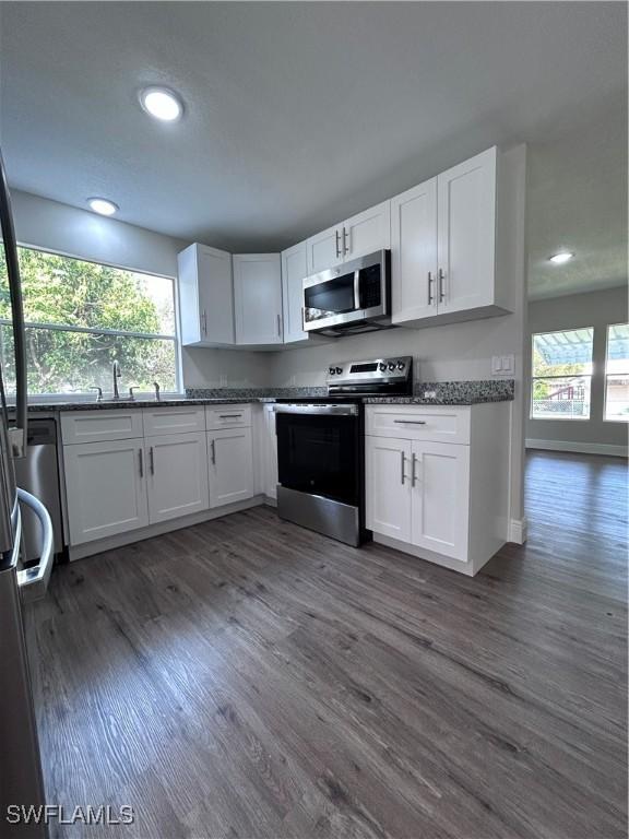 kitchen featuring white cabinets, stainless steel appliances, and dark wood-type flooring