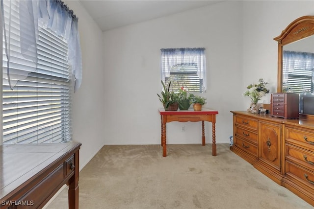 carpeted office space with vaulted ceiling