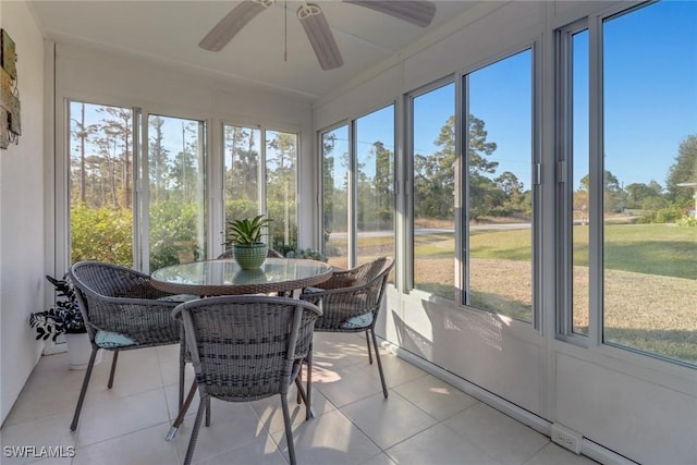 sunroom featuring a baseboard radiator and ceiling fan